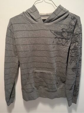 Rare Fox Gray Striped Hoodie with Bird & Floral Sleeve Print